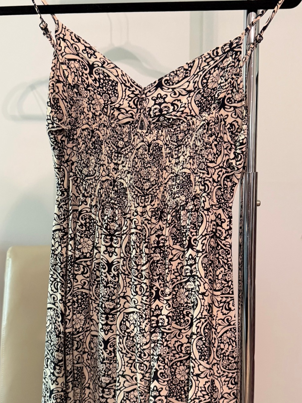 En Creme Black and Cream Paisley Smocked Strap Mini Dress